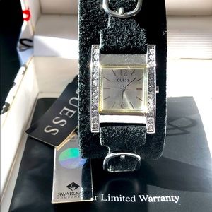 Y2K Swarovski Crystal Black Leather Guess Watch